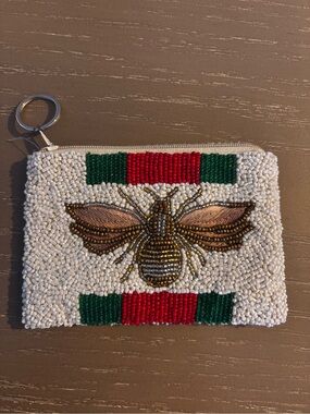 Beaded Bee Coin Pouch with Red & Green Stripe